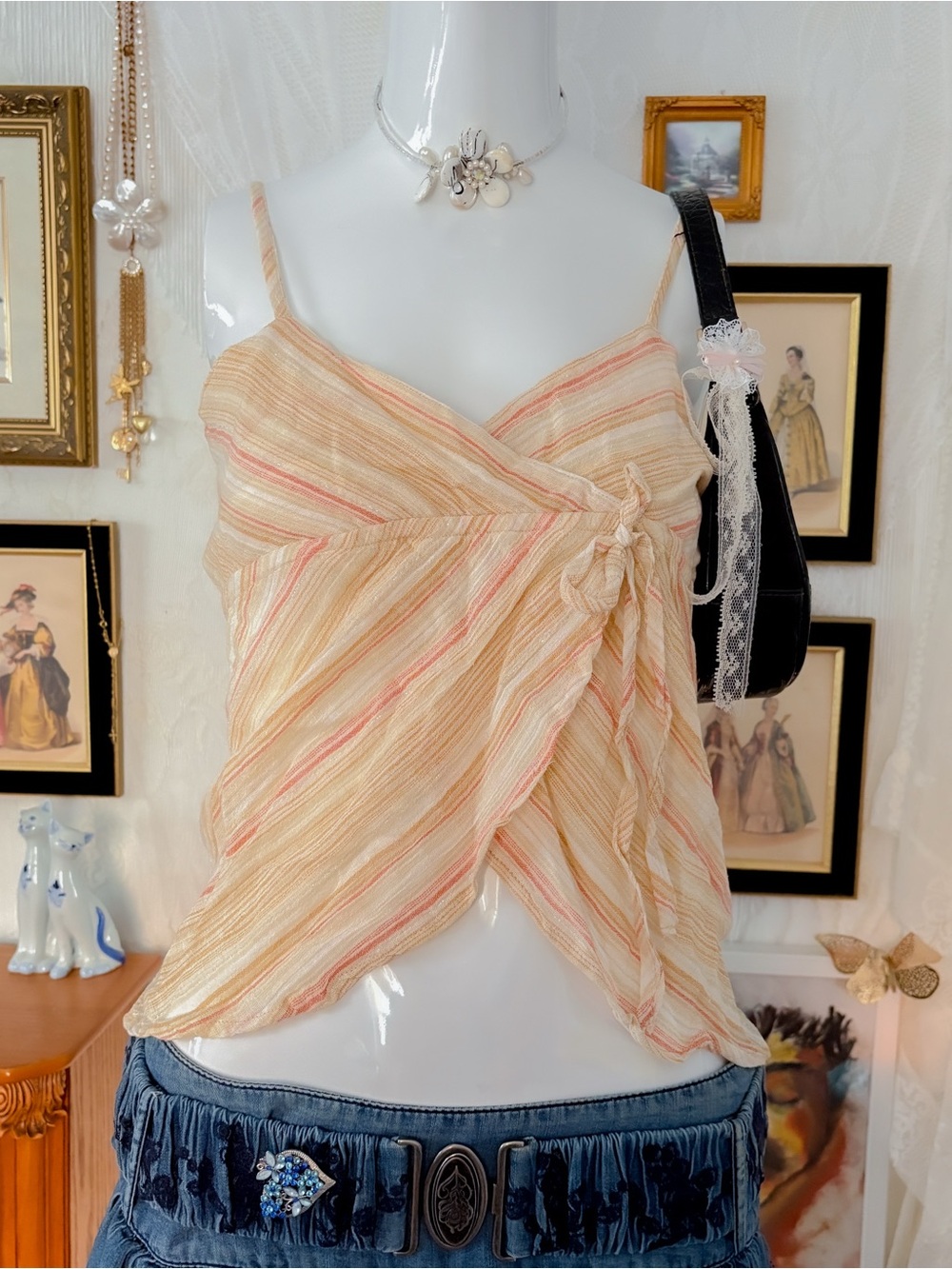 Y2K fairy coastal girly asymmetrical striped tie front cotton babydoll blouse